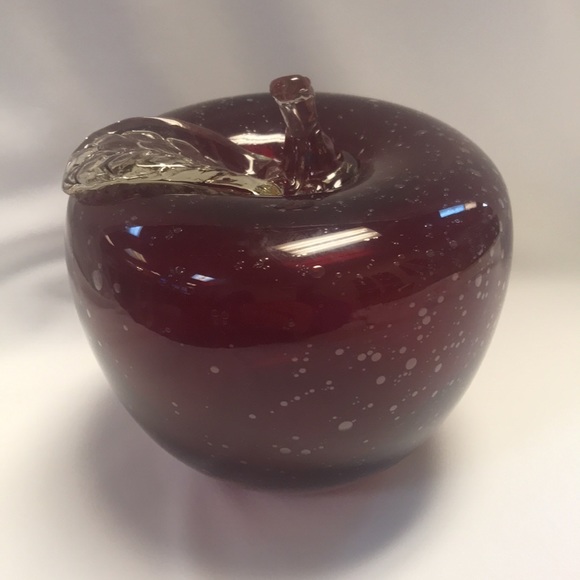 Large Hand Blown Red Glass Apple with Applied Clear Glass Stem & Leaf - Picture 2 of 5